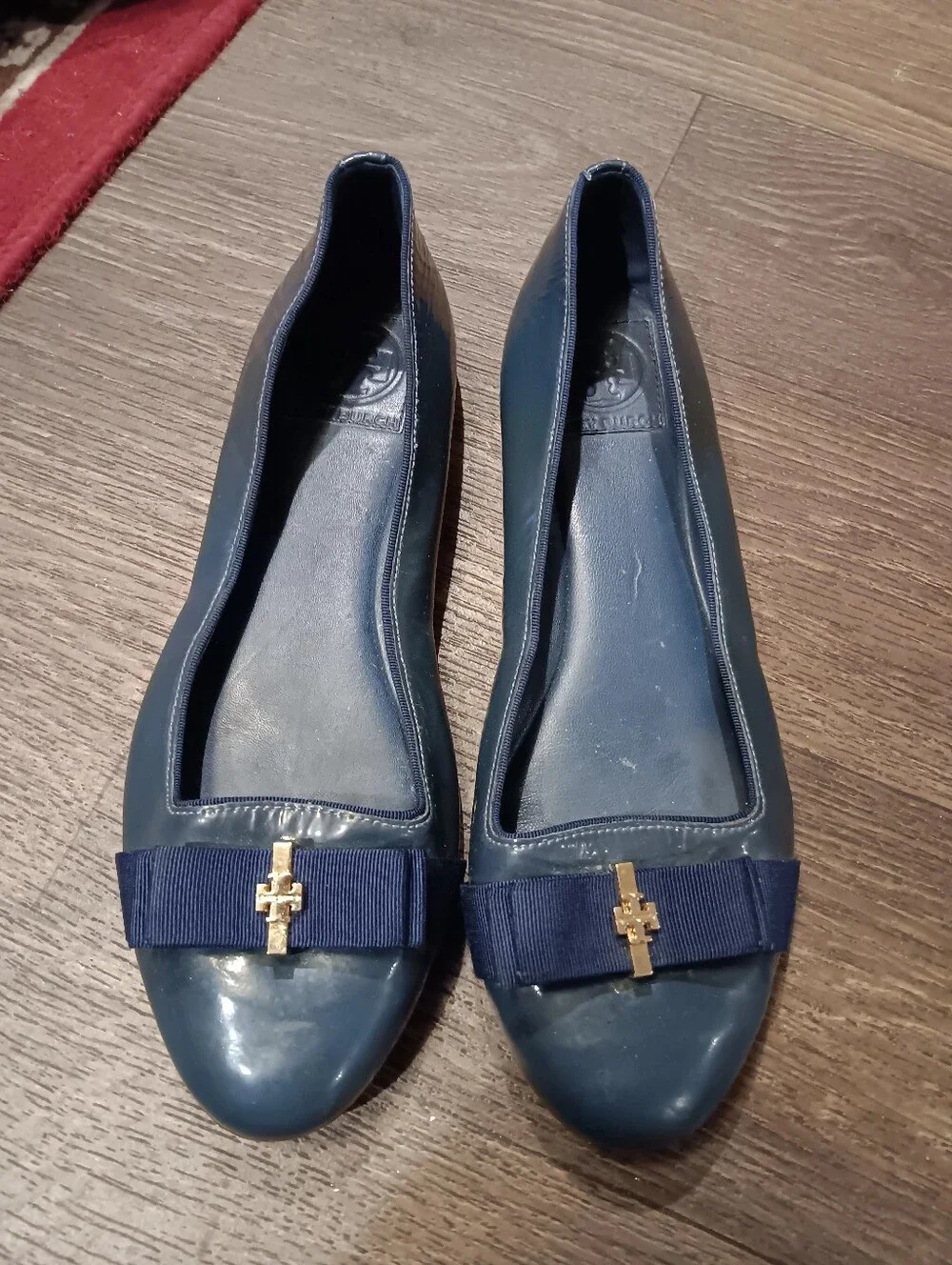 Tory Burch Navy Bow-Accent Ballet Flats with Gold Logo
